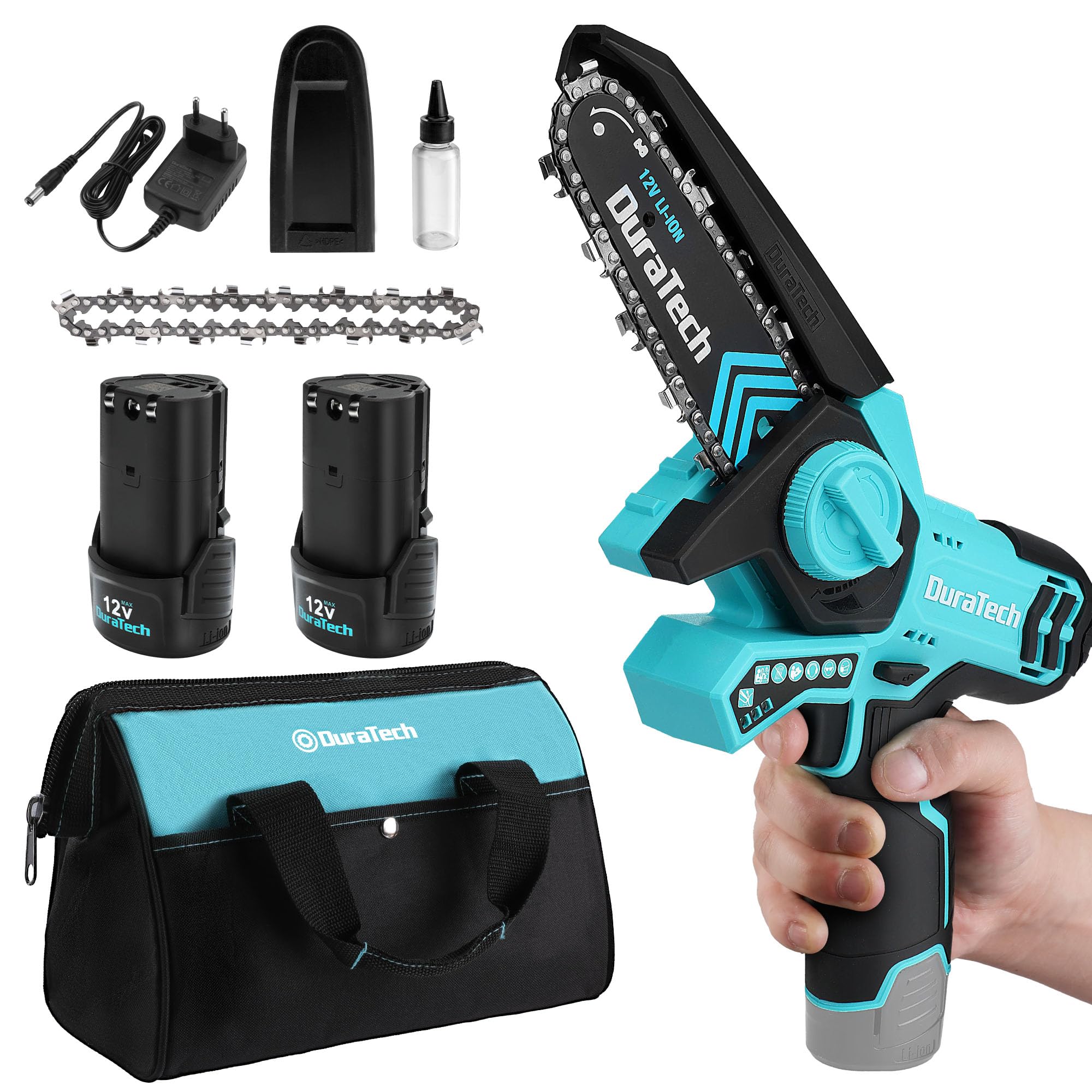 DURATECH Mini Tronçonneuse à Batterie 5 Pouces, Idéale pour la Coupe du Bois et l'Élagage de Jardin - Puissante et Prati